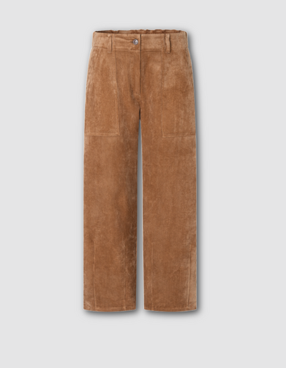 A pair of wide-leg trousers in a warm camel brown suede or velvety fabric, shown flat against a light gray background.