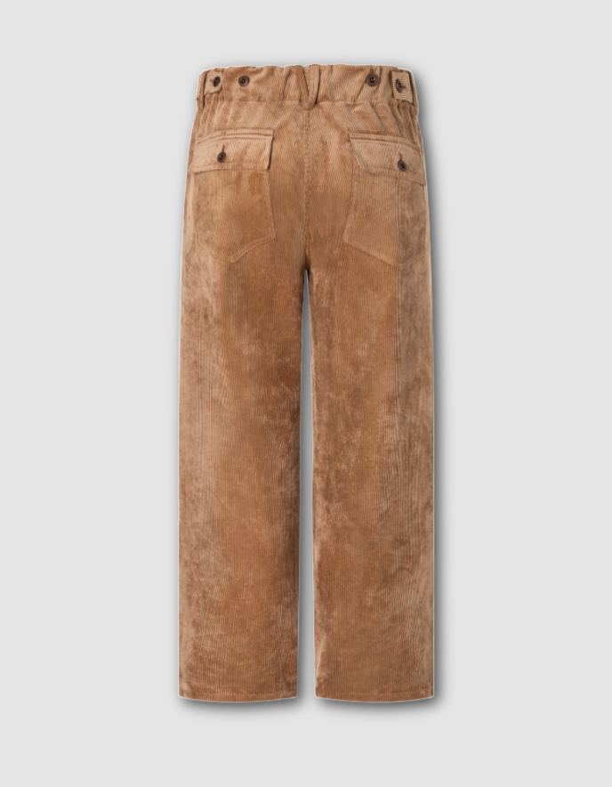 A pair of wide-leg cropped pants in a warm tan suede or velvety fabric, shown from the back against a light gray background.