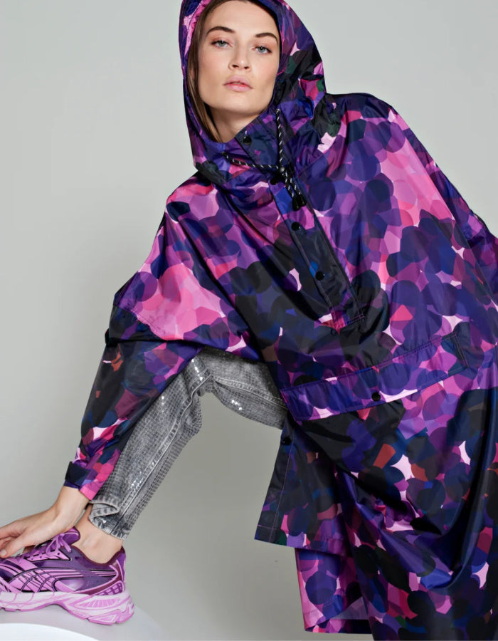 purple and pink waterproof poncho with hood and kangaroo pocket