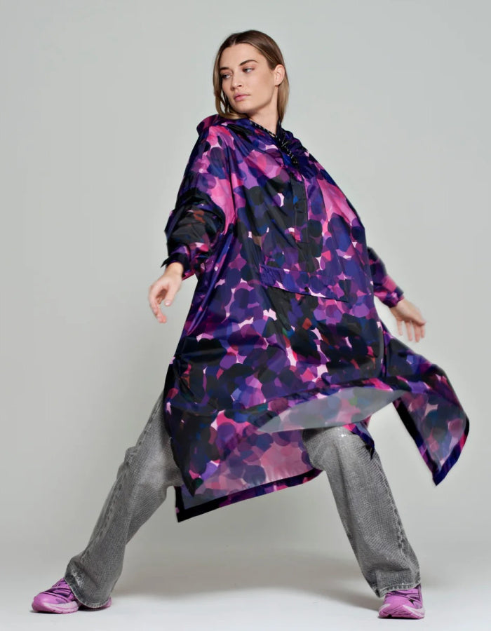 purple and pink waterproof poncho with hood and kangaroo pocket