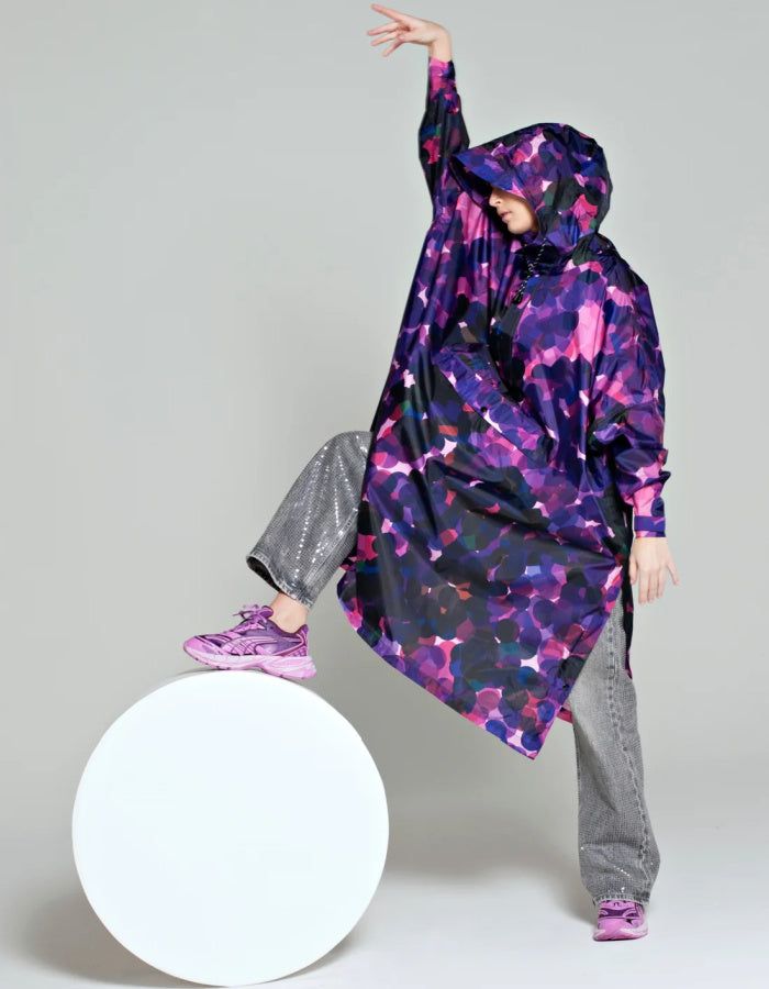 purple and pink waterproof poncho with hood and kangaroo pocket