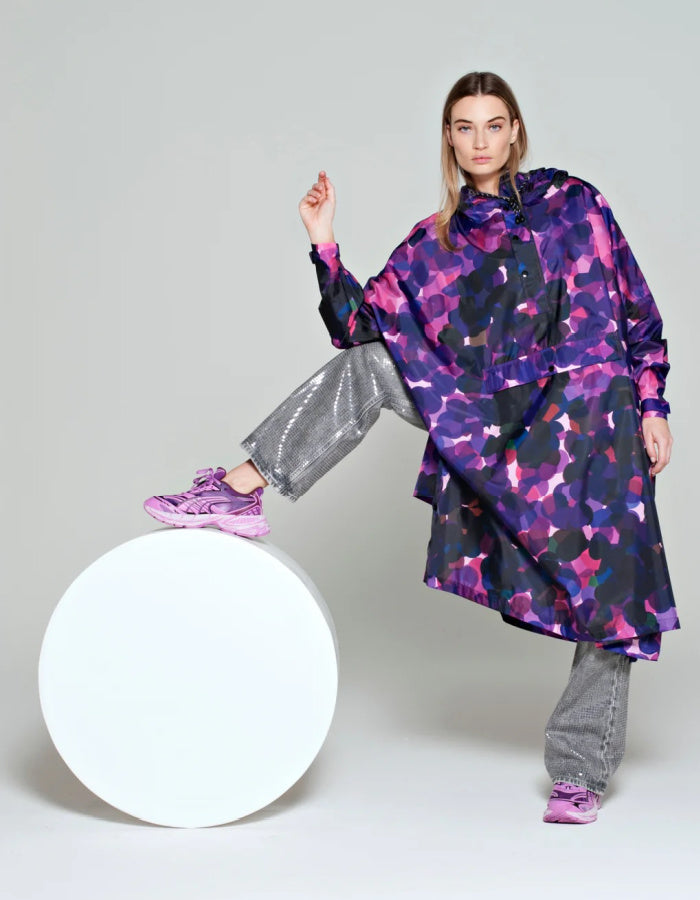 purple and pink waterproof poncho with hood and kangaroo pocket