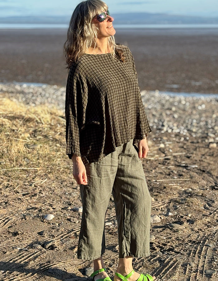 oversized love fit top in khaki with black grid check pattern