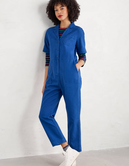 utility style blue cotton jumpsuit