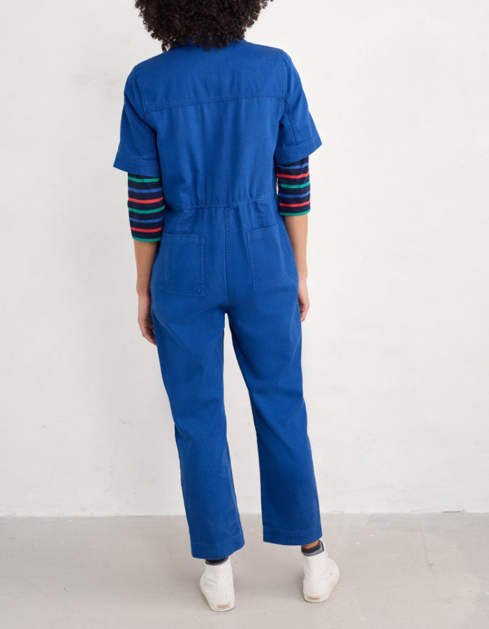 utility style blue cotton jumpsuit