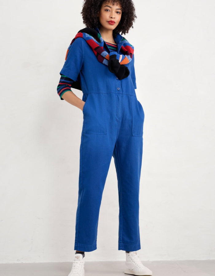 utility style blue cotton jumpsuit