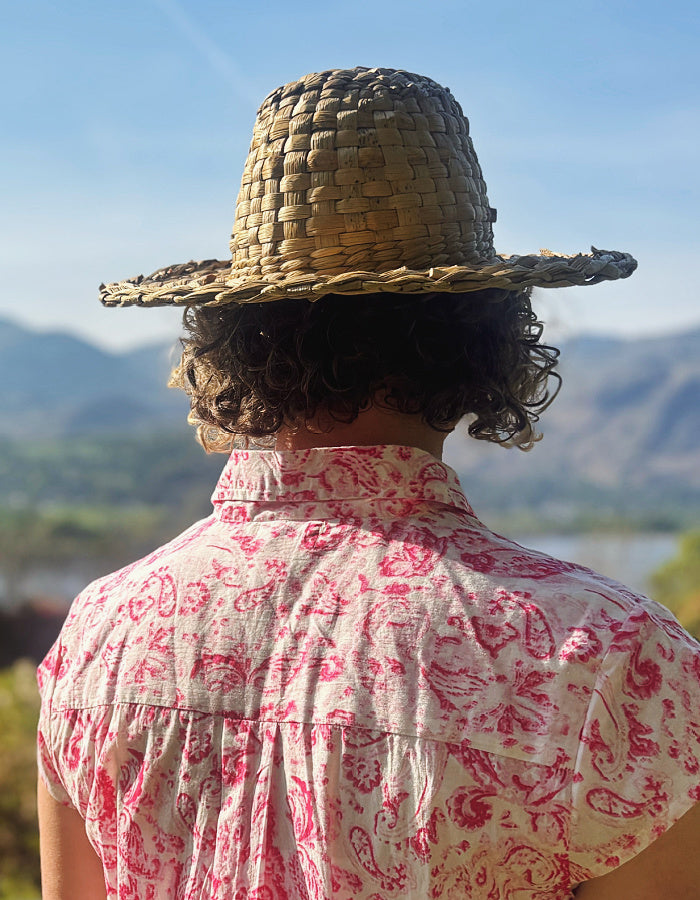 everyday summer cotton shirt style dress with a knee length and capped sleeves in a very pretty pink paisley print