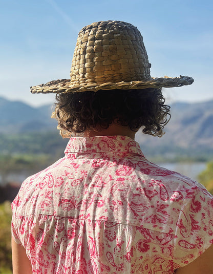 everyday summer cotton shirt style dress with a knee length and capped sleeves in a very pretty pink paisley print