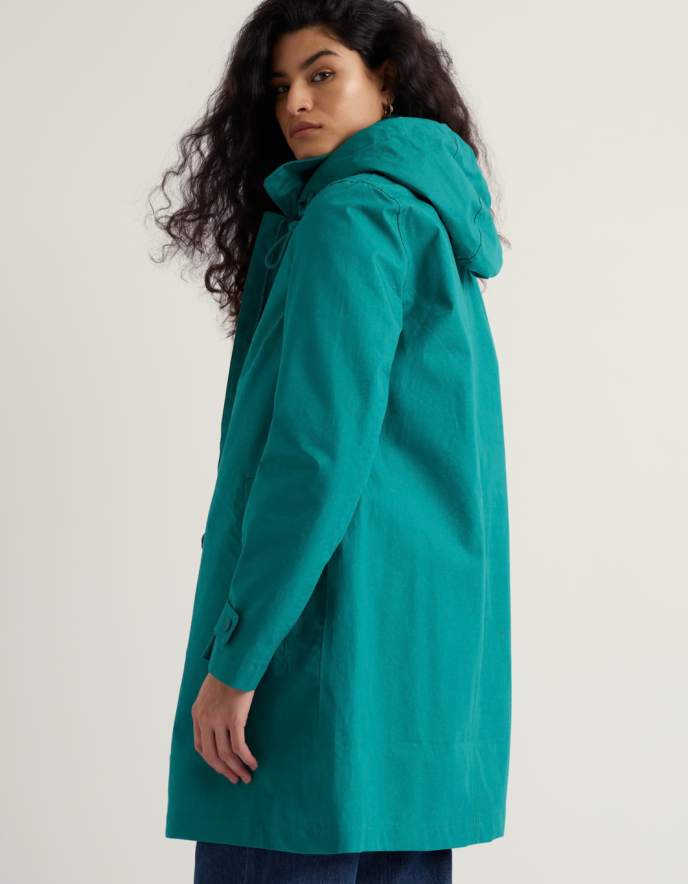 teal thigh length raincoat with hood