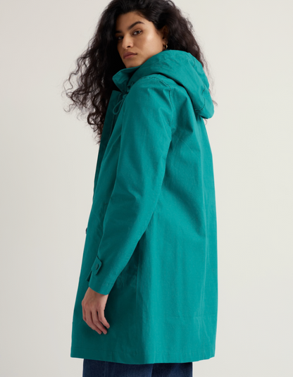 teal thigh length raincoat with hood
