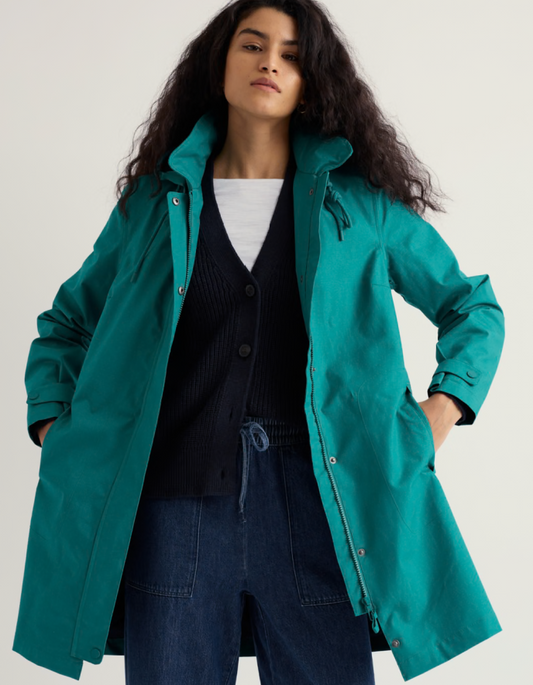 teal thigh length raincoat with hood