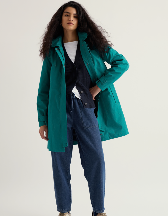 teal thigh length raincoat with hood