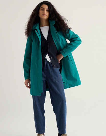teal thigh length raincoat with hood