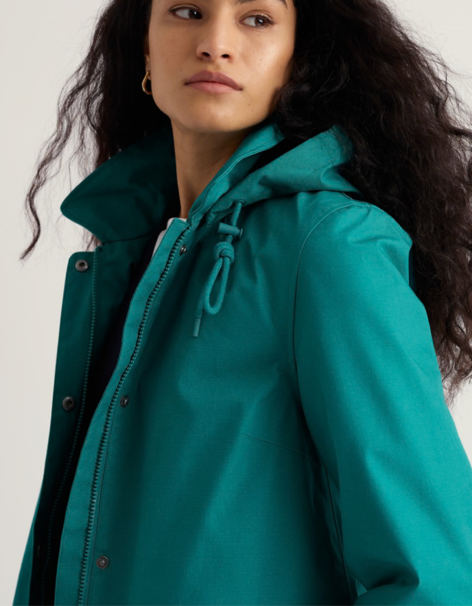 teal thigh length raincoat with hood