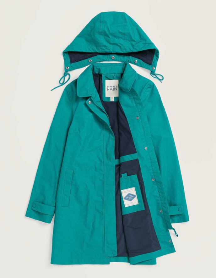 teal thigh length raincoat with hood