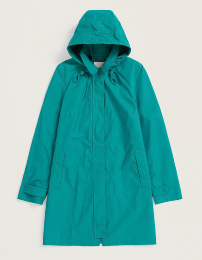 teal thigh length raincoat with hood