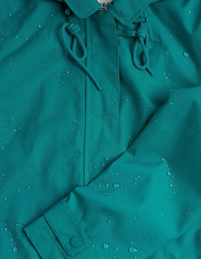 teal thigh length raincoat with hood