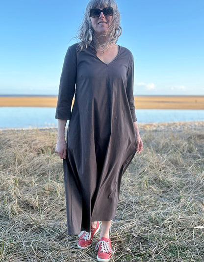 brown cotton midi length dress with sleeve and pockets