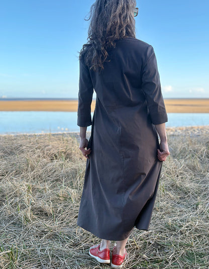 brown cotton midi length dress with sleeve and pockets