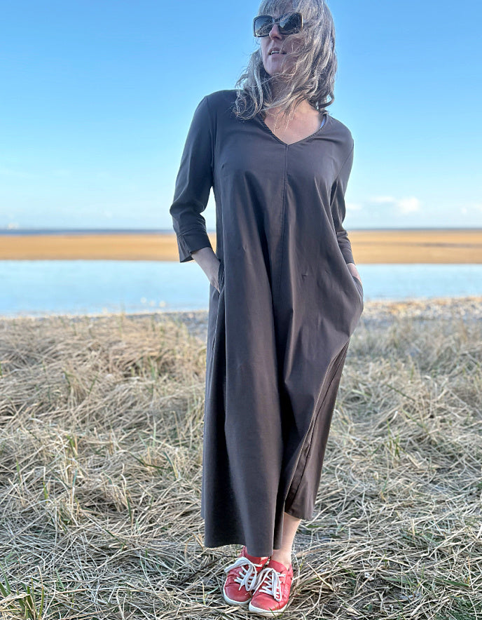 brown cotton midi length dress with sleeve and pockets