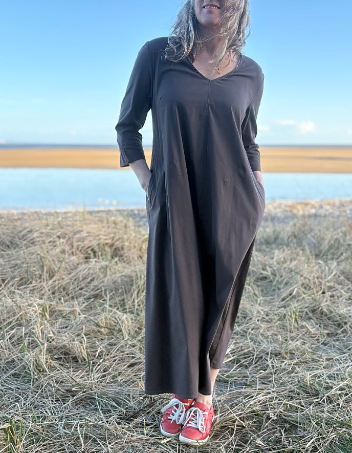 brown cotton midi length dress with sleeve and pockets