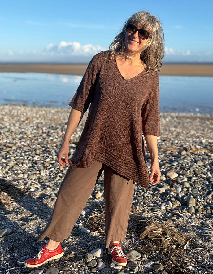linen knit coffee tunic top