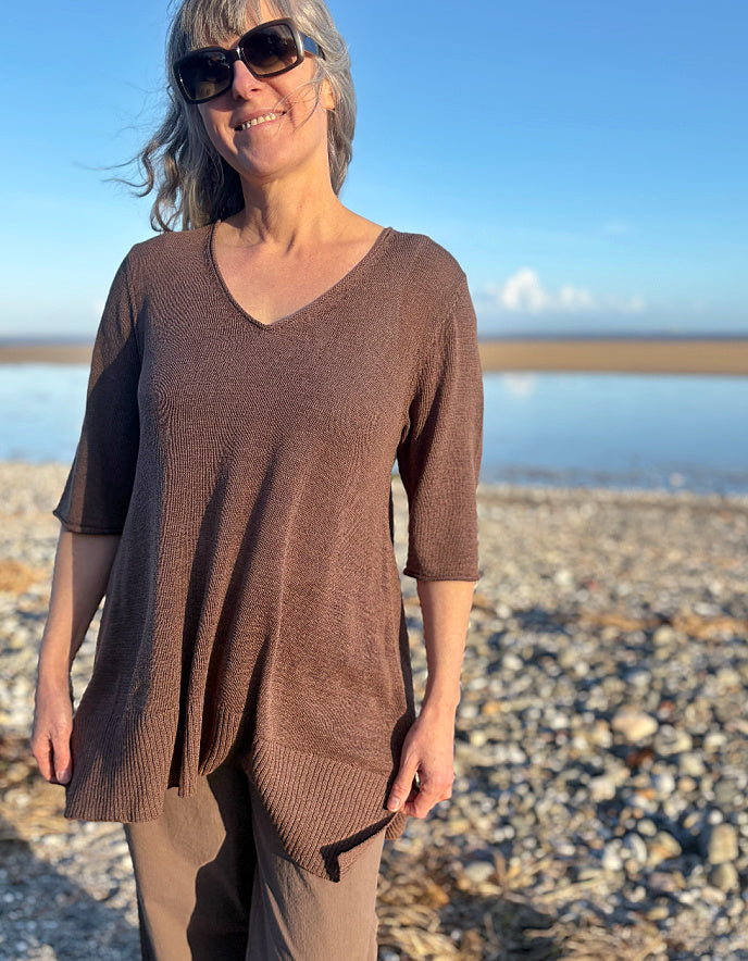 linen knit coffee tunic top