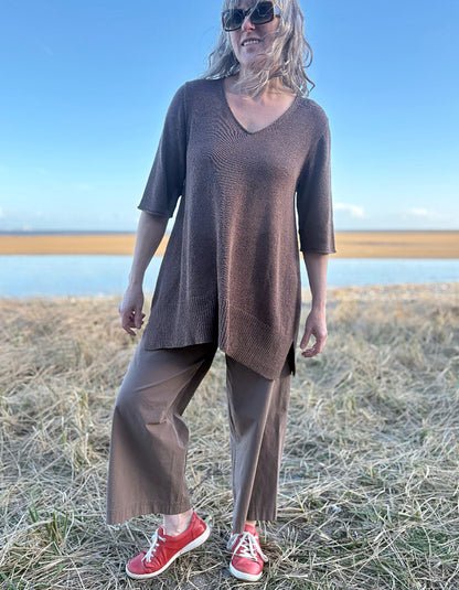 linen knit coffee tunic top