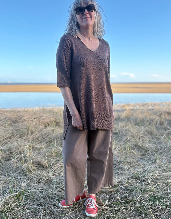 linen knit coffee tunic top