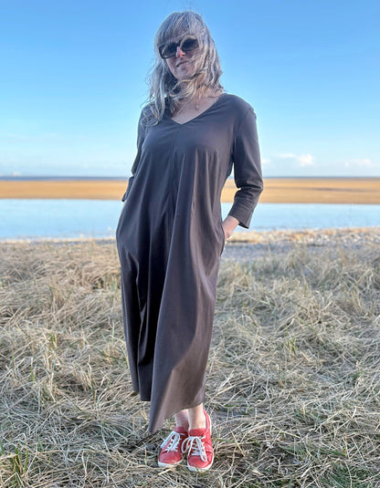 brown cotton midi length dress with sleeve and pockets