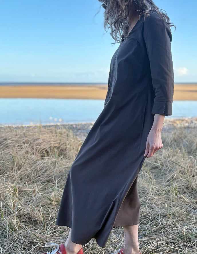 brown cotton midi length dress with sleeve and pockets