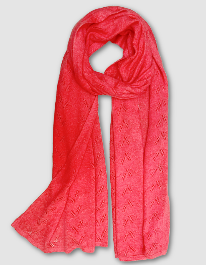 coral cashmere blend scarf or wrap with delicate lace stitch detail