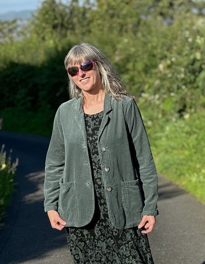 jumbo cord cotton blazer in sage green with two front pockets