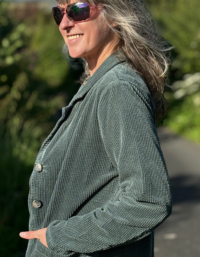 jumbo cord cotton blazer in sage green with two front pockets