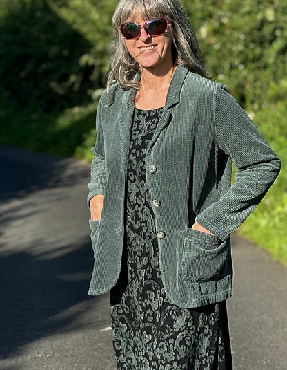 jumbo cord cotton blazer in sage green with two front pockets