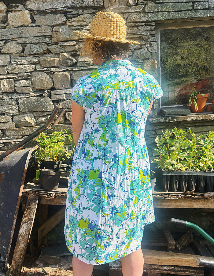 blue and lime cotton summer shirt style dress, knee length with capped sleeves