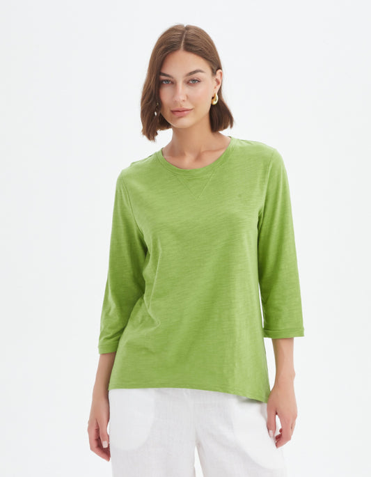woman wearing cotton slub 3/4 sleeve lime green t shirt