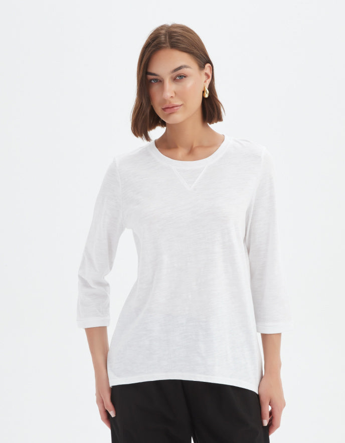 woman wearing white 3/4 sleeve cotton slub t shirt