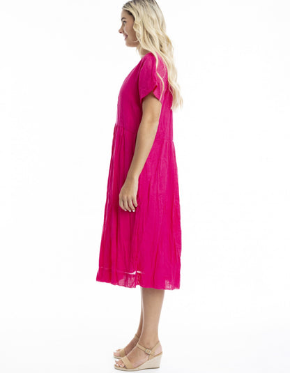 Orientique Cotton Gauze Peak Dress in Hot Pink