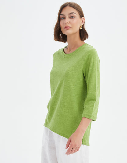 woman wearing cotton slub 3/4 sleeve lime green t shirt