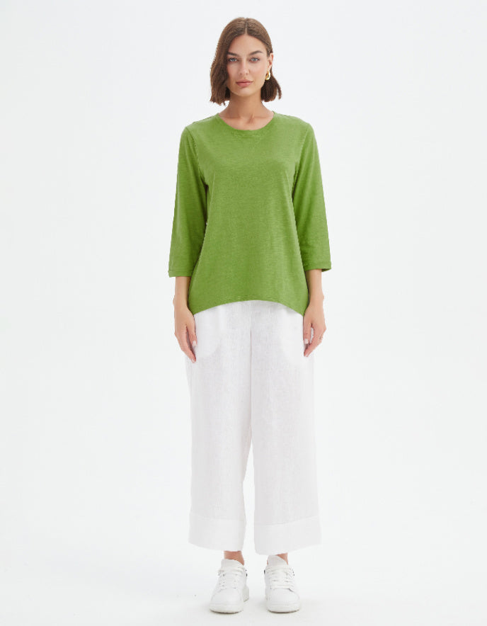 woman wearing cotton slub 3/4 sleeve lime green t shirt