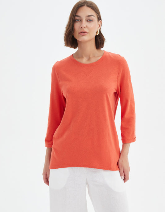 woman wearing orange cotton slub 3/4 sleeve t shirt