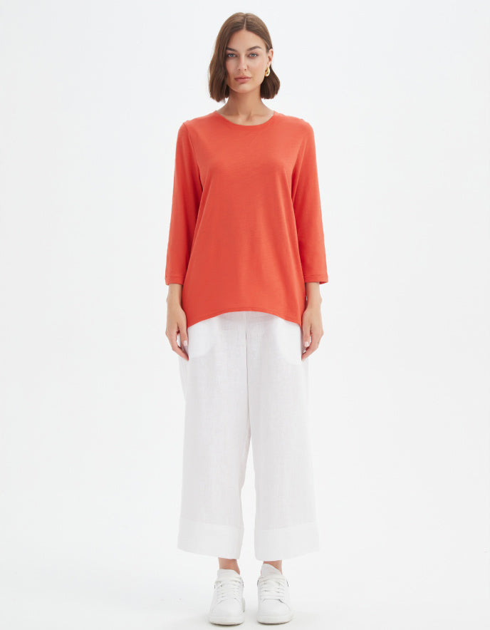 woman wearing orange cotton slub 3/4 sleeve t shirt