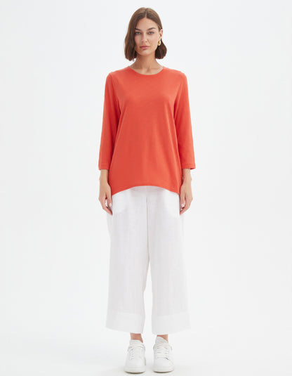 woman wearing orange cotton slub 3/4 sleeve t shirt