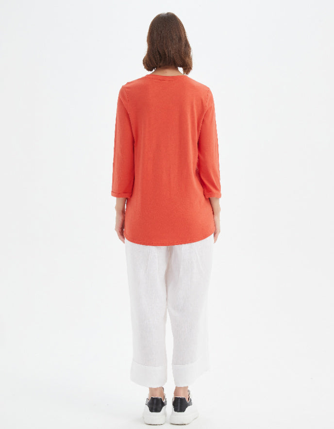 woman wearing orange cotton slub 3/4 sleeve t shirt
