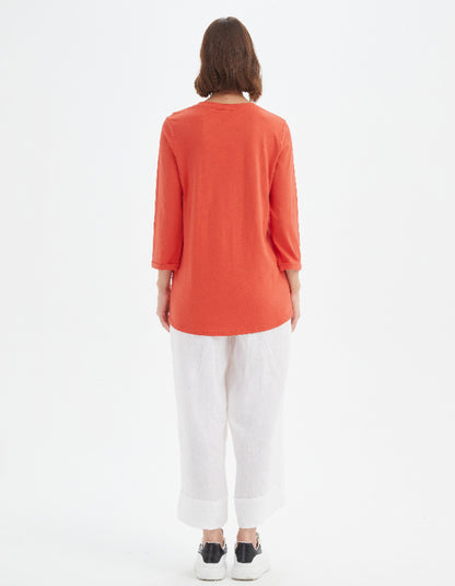 woman wearing orange cotton slub 3/4 sleeve t shirt