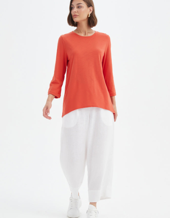 woman wearing orange cotton slub 3/4 sleeve t shirt