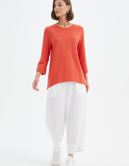 woman wearing orange cotton slub 3/4 sleeve t shirt