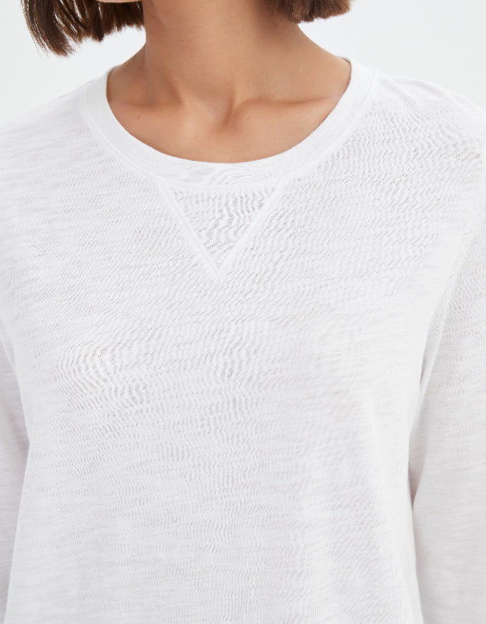 woman wearing white 3/4 sleeve cotton slub t shirt