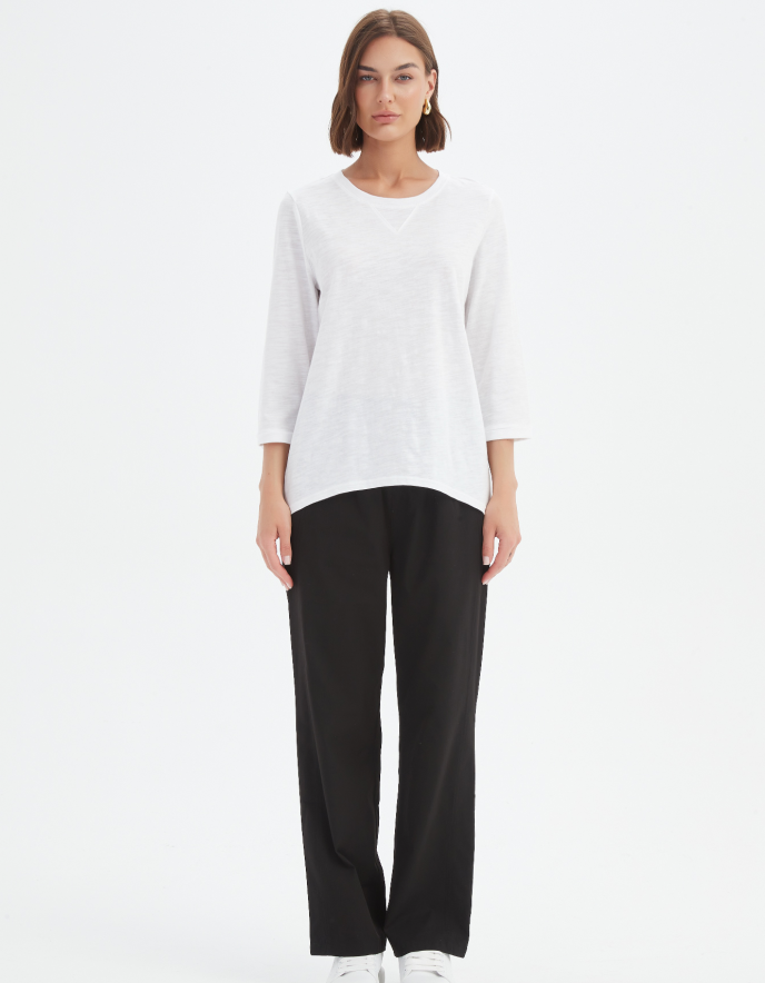 woman wearing white 3/4 sleeve cotton slub t shirt